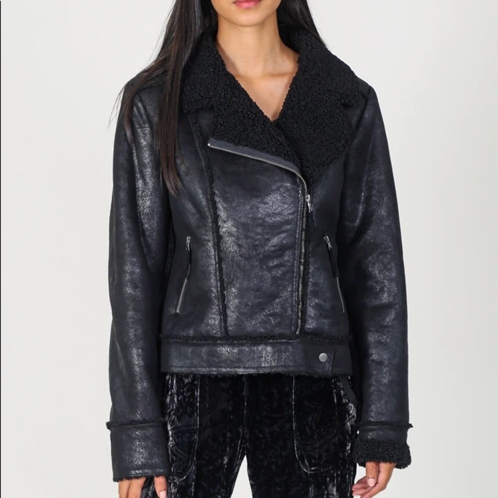 Marrakech Sherpa Coat in Distressed Black Leather